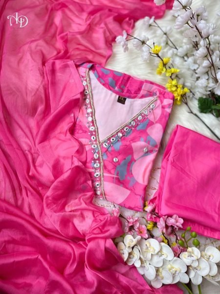 New Arrivals Pure Chiffon Kurti Pant With Dupatta  3 Piece Kurti Set