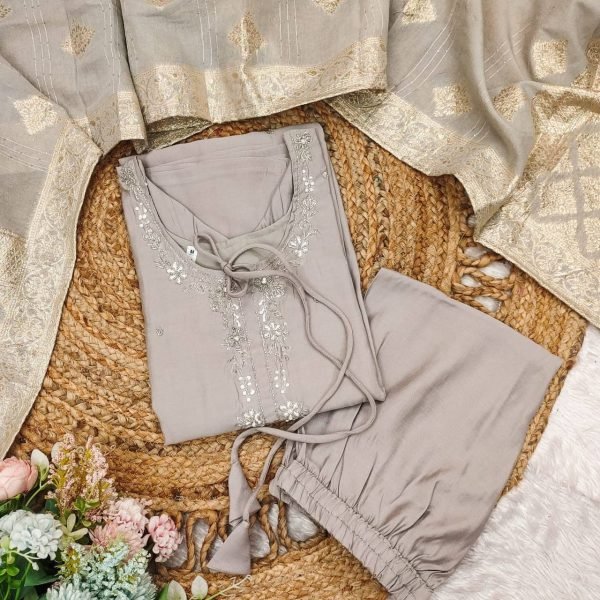 new beautiful roman silk original handwork, Zari weaving 3 pic suit set 3 Piece Kurti Set