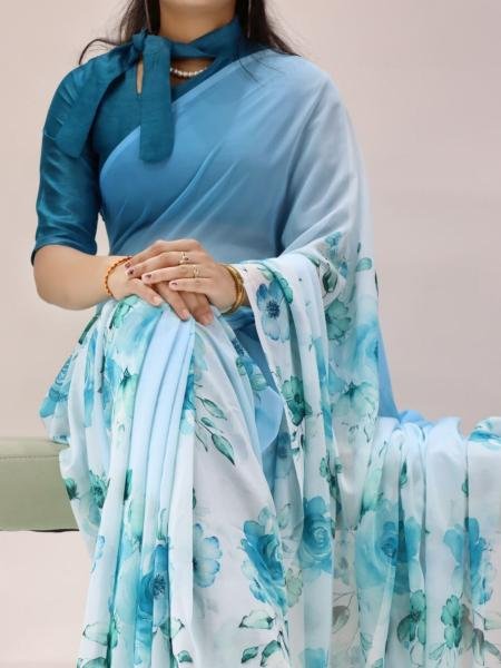 New Blue Floral Printed Saree with Silk Banglory Blouse 