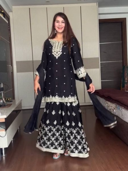 New Collection Black Color Pure Georgette Silk Embroidery Work Ready To Wear Suit 