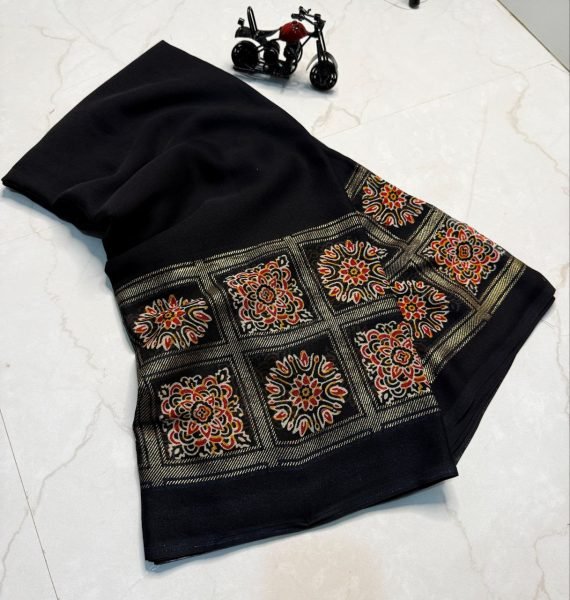  New Collection Chiffon Saree With Seprate Printed zari weaving work Blouce  Pure Chiffon Sarees Wholesale