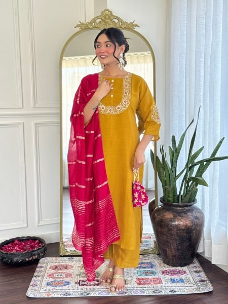 New Collection Embroidered Silk Kurti Dupatta Set Vichitra Silk Ready to Wear 
