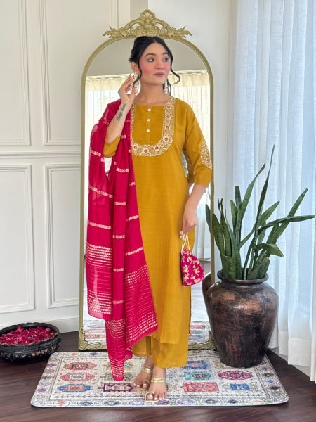 New Collection Embroidered Silk Kurti Dupatta Set Vichitra Silk Ready to Wear 3 Piece Kurti Set