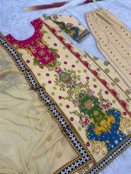 New Collection Fancy Design With Digital Printed Pure Chinon Kurta 3Piece Set Ready To Wear Collection