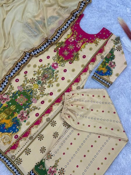 New Collection Fancy Design With Digital Printed Pure Chinon Kurta 3Piece Set Ready To Wear Collection