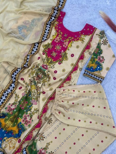 New Collection Fancy Design With Digital Printed Pure Chinon Kurta 3Piece Set Ready To Wear Collection