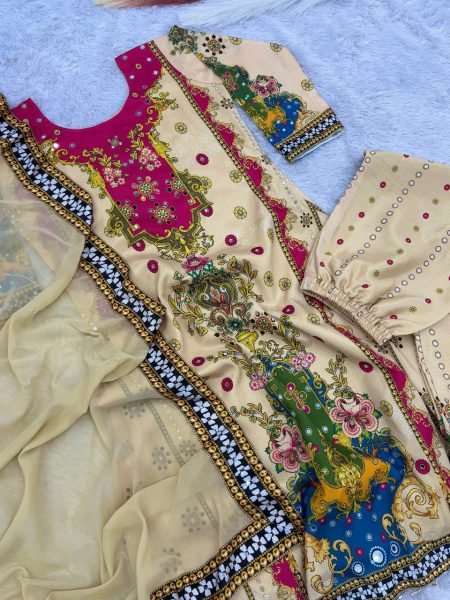 New Collection Fancy Design With Digital Printed Pure Chinon Kurta 3Piece Set Ready To Wear Collection