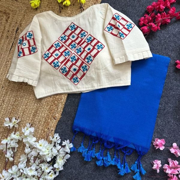 New Collection Havy Khadi Cotton Hand Embrodiary Angrakha Style Blouse Cotton Sarees Wholesale