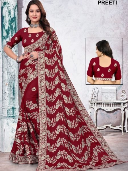 New Collection Maroon Embroidered With Pure Satin Silk Saree 