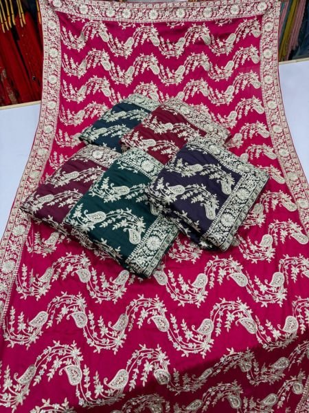 New Collection Maroon Embroidered With Pure Satin Silk Saree Embroidery Sarees Wholesale