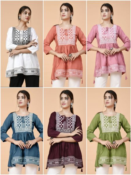 New Collection of Embroidered Rayon Ethnic Tops     6 Colors Available Embroidery Kurtis 