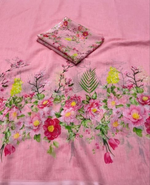Ladies Collection Pure Linen Printed Sarees Linen Sarees Wholesale