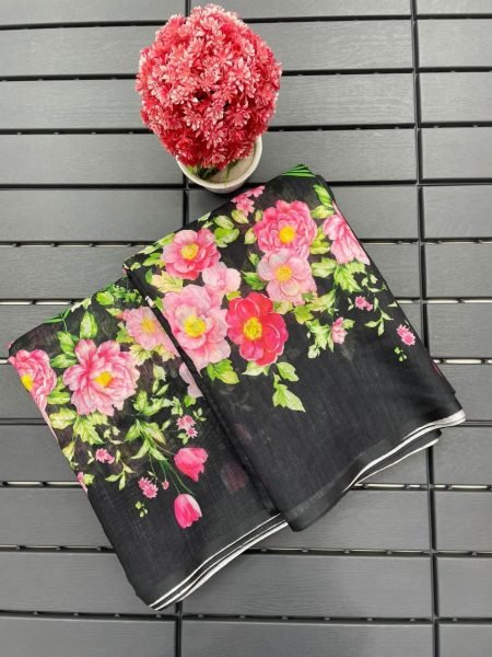 Ladies Collection Pure Linen Printed Sarees Linen Sarees Wholesale