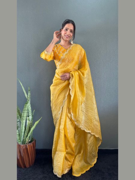 New Collection Ready to Wear Gold Crush Silk Saree Gota Work Blouse, All Sizes 