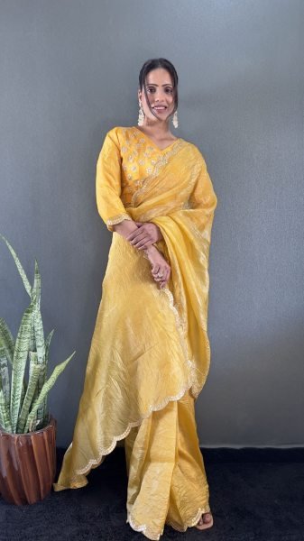 New Collection Ready to Wear Gold Crush Silk Saree Gota Work Blouse, All Sizes Ready To Wear Saree 
