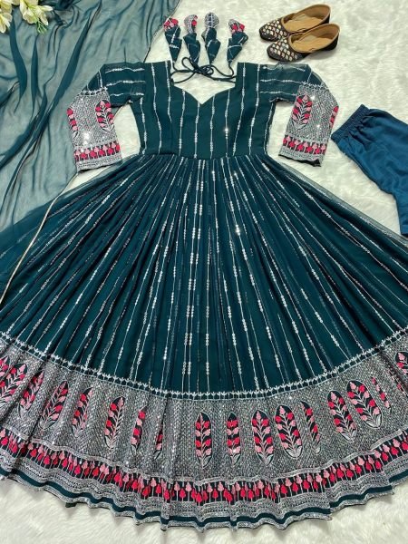 New Collection Sequence Embroidery Work Anarkali Gown Pant With Dupatta  3 Piece Kurti Set
