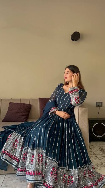 New Collection Sequence Embroidery Work Anarkali Gown Pant With Dupatta  3 Piece Kurti Set