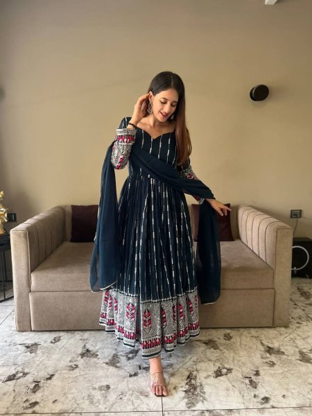 New Collection Sequence Embroidery Work Anarkali Gown Pant With Dupatta  3 Piece Kurti Set