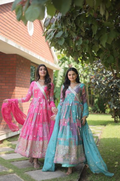 New Collection Silk Printed Embroidery Work Gown With Dupatta  Anarkali Kurtis 