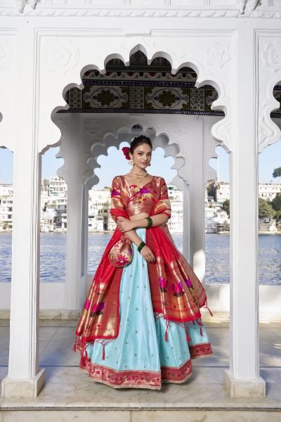 New Collection Sky Blue Color Desinger Paithani Jacquard Silk Saree Lehenga Choli Set Half Saree Lehenga