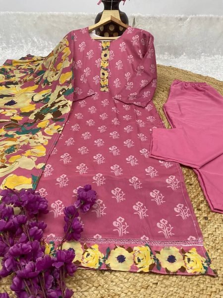   New Color 3-Pair Maslin Kurti Suit Set – Elegant Digital Print Party Wear 3 Piece Kurti Set