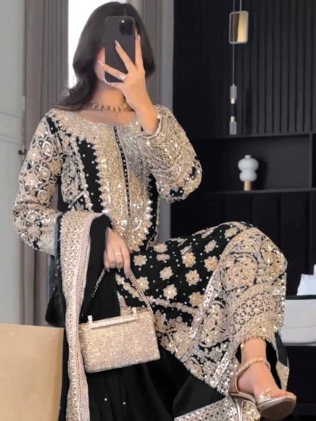 New Color - Black Georgette Readymade Pakistani Suit at Wholesale Rate Ready To Wear Suit