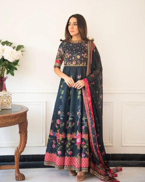 New Designer Butter Silk Printed Gown With Dupatta Ready To Wear Collection
