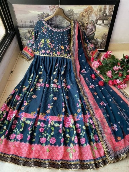 New Designer Butter Silk Printed Gown With Dupatta Ready To Wear Collection