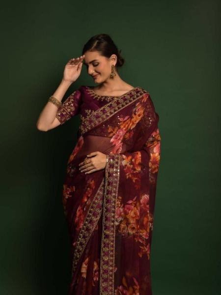 New Designer Chiffon Saree with Floral Print & Heavy Sequin Blouse Sarees 