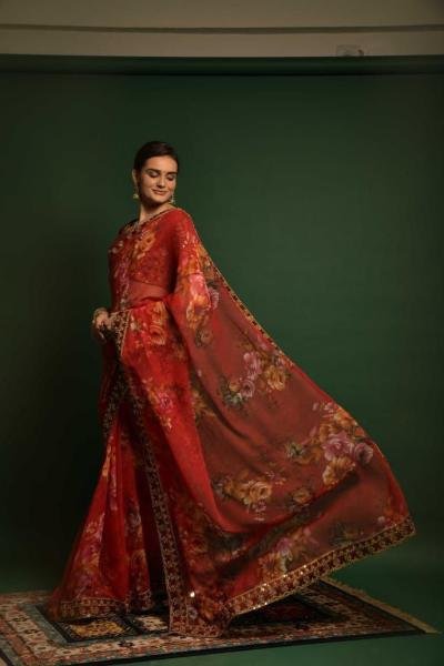 New Designer Chiffon Saree with Floral Print & Heavy Sequin Blouse Pure Chiffon Sarees Wholesale