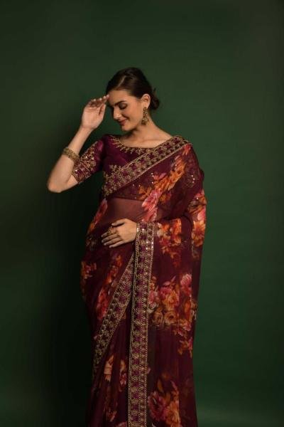 New Designer Chiffon Saree with Floral Print & Heavy Sequin Blouse Pure Chiffon Sarees Wholesale