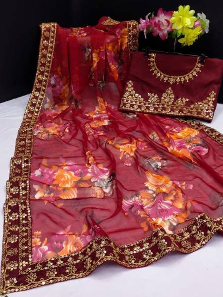 New Designer Chiffon Saree with Floral Print & Heavy Sequin Blouse Pure Chiffon Sarees Wholesale