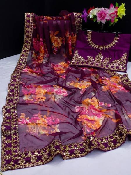 New Designer Chiffon Saree with Floral Print & Heavy Sequin Blouse Pure Chiffon Sarees Wholesale