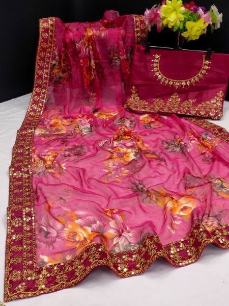 New Designer Chiffon Saree with Floral Print & Heavy Sequin Blouse Pure Chiffon Sarees Wholesale