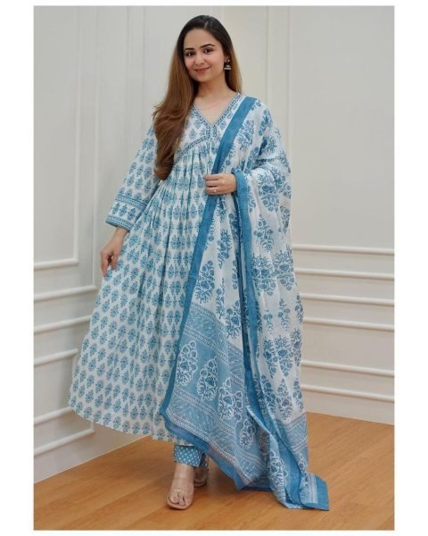 New Designer Cotton Kurti Pant With Block Printed Dupatta 3 Piece Kurti Set