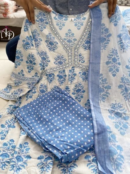 New Designer Cotton Kurti Pant With Block Printed Dupatta 3 Piece Kurti Set