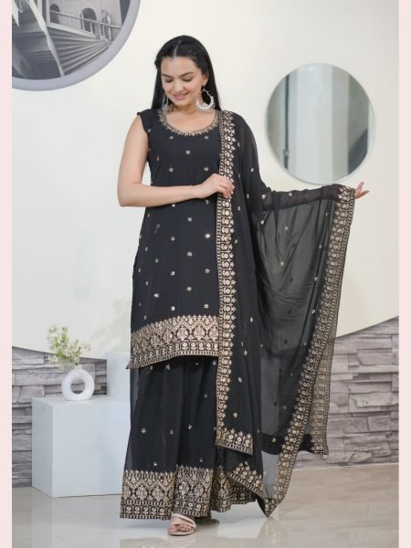 New Designer Faux Georgette  Black Sharara set with Embroidery Sequence Work Sharara Set