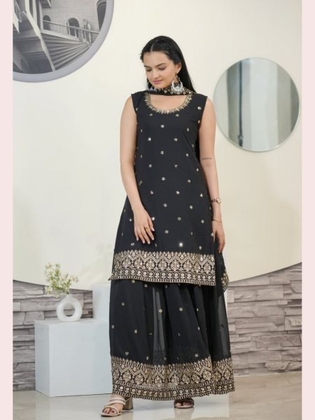 New Designer Faux Georgette  Black Sharara set with Embroidery Sequence Work Sharara Set