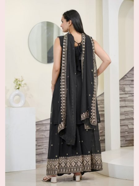 New Designer Faux Georgette  Black Sharara set with Embroidery Sequence Work Sharara Set