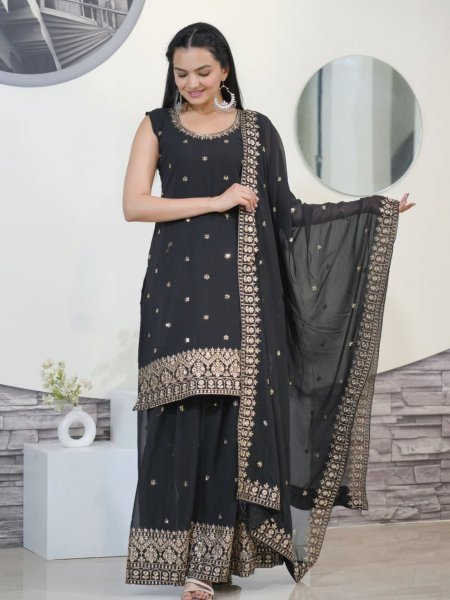 New Designer Faux Georgette  Black Sharara set with Embroidery Sequence Work Salwar Kameez