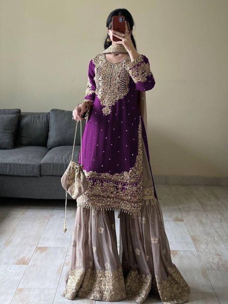 New Designer Faux Georgette Suit with Sharara & Dupatta - Stunning Sequins, Pearl & Lace Detailing Ready To Wear Suit