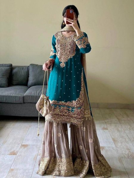 New Designer Faux Georgette Suit with Sharara & Dupatta - Stunning Sequins, Pearl & Lace Detailing Ready To Wear Suit