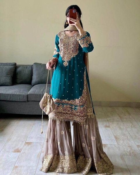 New Designer Faux Georgette Suit with Sharara & Dupatta - Stunning Sequins, Pearl & Lace Detailing Ready To Wear Collection