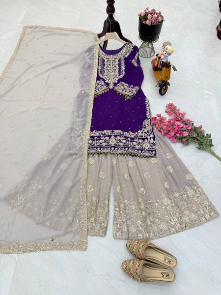 New Designer Faux Georgette Suit with Sharara & Dupatta - Stunning Sequins, Pearl & Lace Detailing Ready To Wear Collection