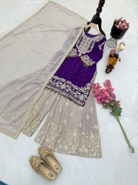 New Designer Faux Georgette Suit with Sharara & Dupatta - Stunning Sequins, Pearl & Lace Detailing Ready To Wear Collection