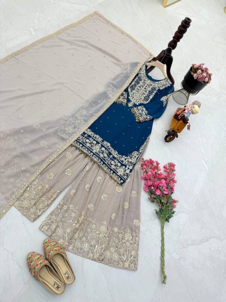 New Designer Faux Georgette Suit with Sharara & Dupatta - Stunning Sequins, Pearl & Lace Detailing Ready To Wear Collection