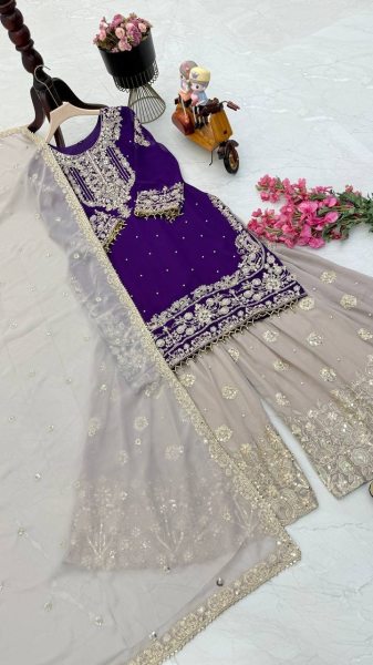 New Designer Faux Georgette Suit with Sharara & Dupatta - Stunning Sequins, Pearl & Lace Detailing Ready To Wear Collection