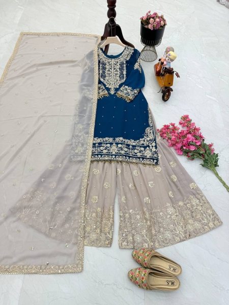 New Designer Faux Georgette Suit with Sharara & Dupatta - Stunning Sequins, Pearl & Lace Detailing Ready To Wear Collection