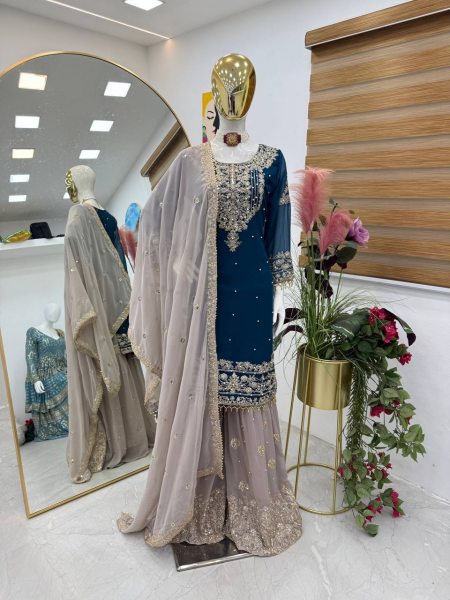 New Designer Faux Georgette Suit with Sharara & Dupatta - Stunning Sequins, Pearl & Lace Detailing Ready To Wear Collection