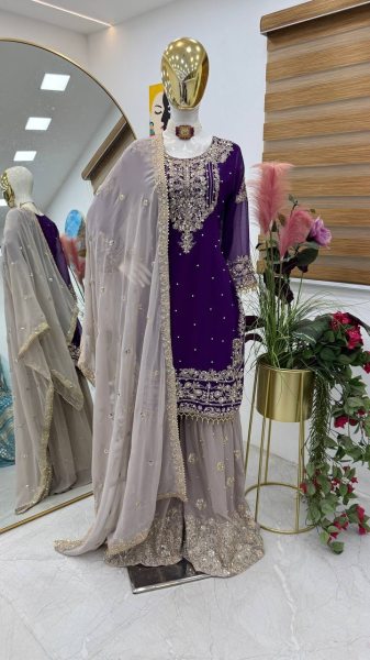 New Designer Faux Georgette Suit with Sharara & Dupatta - Stunning Sequins, Pearl & Lace Detailing Ready To Wear Collection